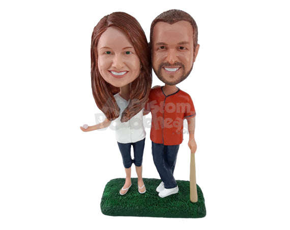 Custom Bobblehead Cozy Couple Standing On Baseball Field Dressed Casually - Wedding & Couples Couple Personalized Bobblehead & Cake Topper Custom Bobblehead Cozy Couple Standing On Baseball Field Dressed Casually - Wedding & Couples Couple Personalized Bobblehead & Cake Topper
